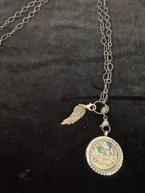 Origami Owl Silver Charm Locket Necklace with Angel Wing Accent & Custom Charms